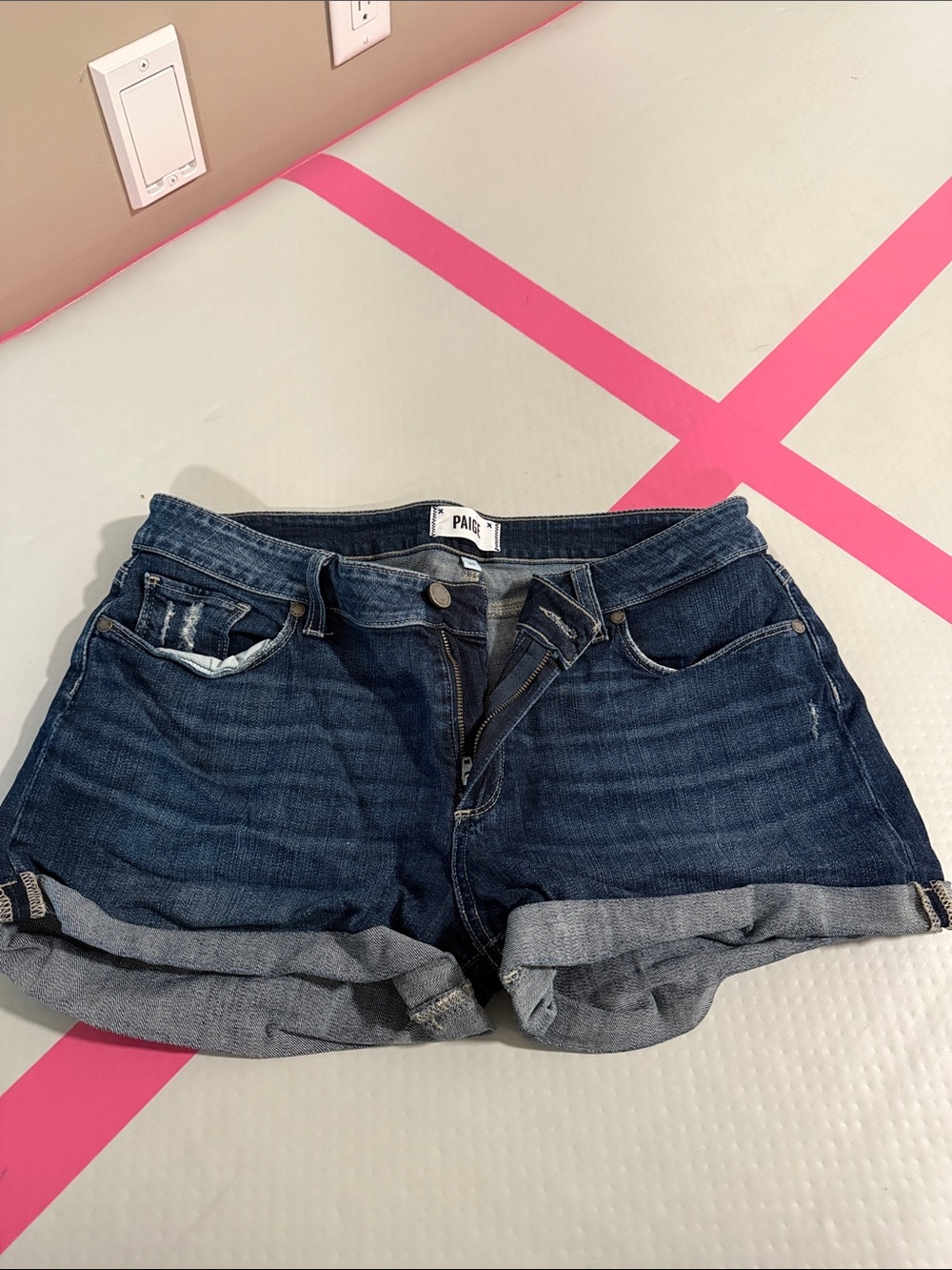 PAIGE Dark Blue Rolled-Cuff Denim Shorts
